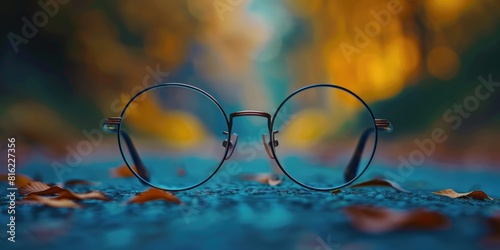 A pair of glasses is sitting on a blue surface with leaves scattered around it