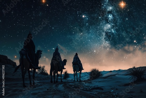 Three men riding camels under a starry sky