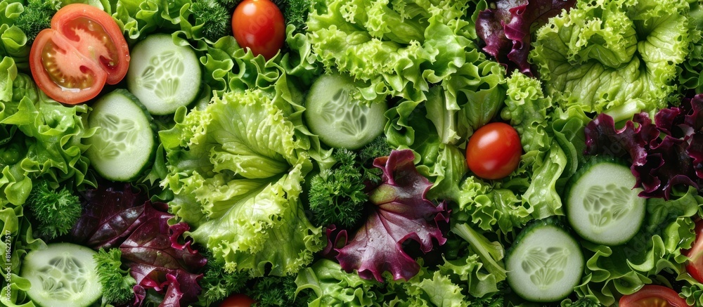 A close-up view of a fresh and colorful salad featuring ripe tomatoes, crisp cucumbers, and green lettuce leaves. A close-up view of a fresh and colorful salad featuring ripe tomatoes, crisp cucumbers, and green lettuce leaves.