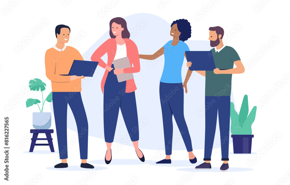 Office team of people - Teamwork between group of four casual smiling businesspeople working in IT holding laptop computers and being friends. Flat design vector illustration with white background Office team of people - Teamwork between group of four casual smiling businesspeople working in IT holding laptop computers and being friends. Flat design vector illustration with white background