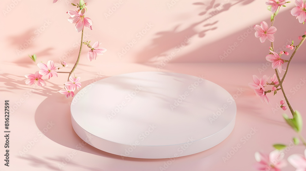 White round podium pedestal cosmetic beauty product presentation empty mockup on trendy pink coral pastel background with light shadows and spring flowers minimalist flat lay backdrop : Generative AI White round podium pedestal cosmetic beauty product presentation empty mockup on trendy pink coral pastel background with light shadows and spring flowers minimalist flat lay backdrop : Generative AI