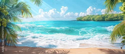 Beach scene with palm trees and waves