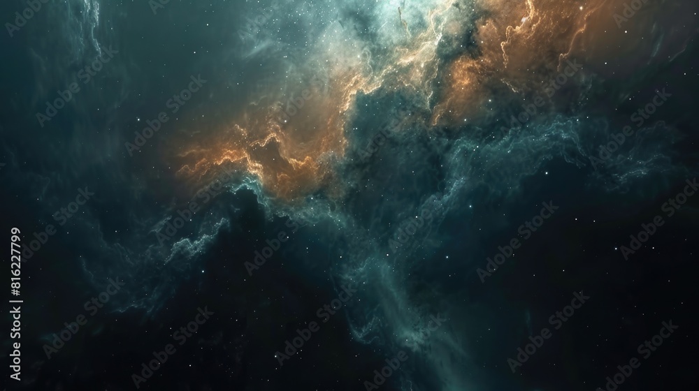 A beautiful and colorful space scene with a large cloud of orange and blue
