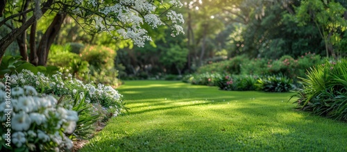 Green lawn with flowers and trees
