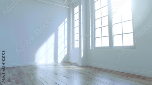 Empty room with white walls large window and wooden floor   Generative AI