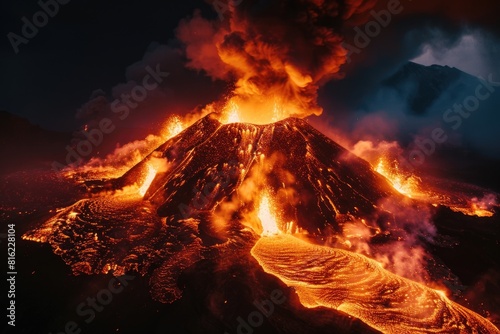 A volcano is erupting with lava and smoke photo