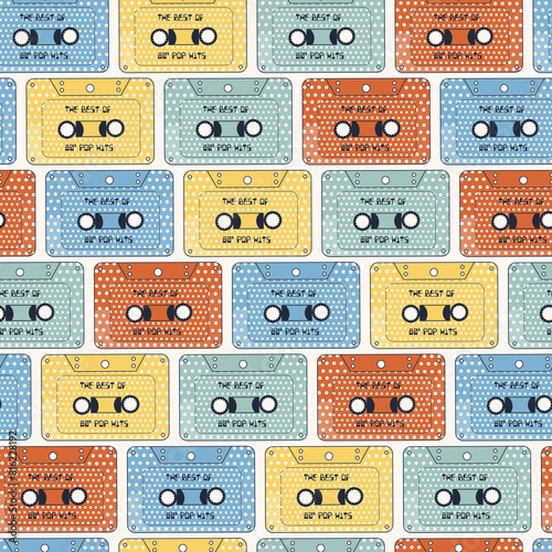 Music background, seamless pattern with microphone, viny, melody elements