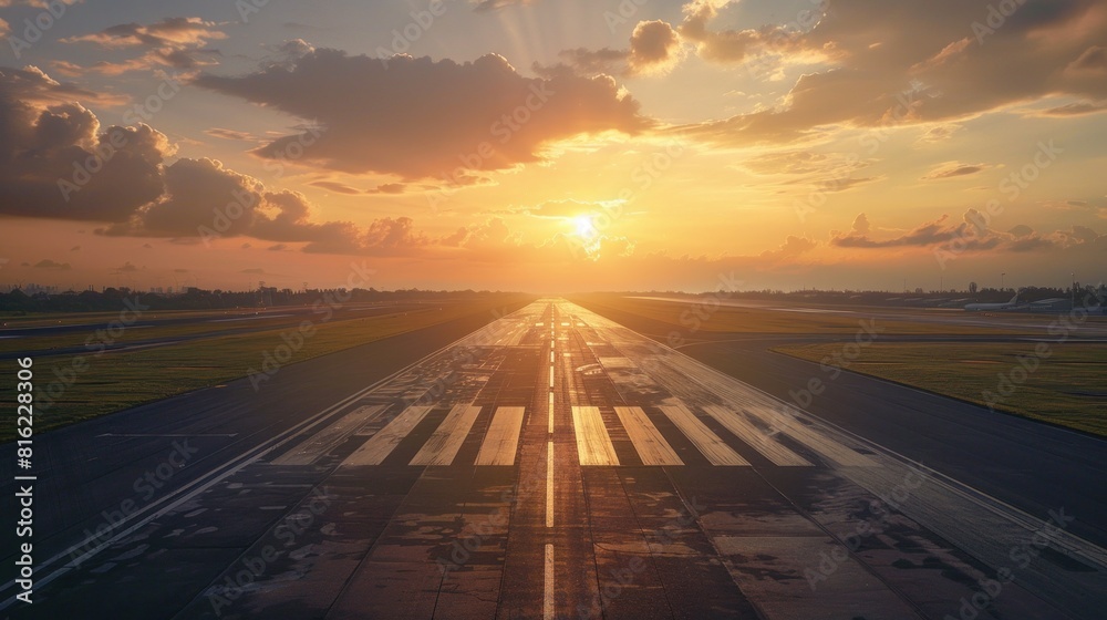 An airport runway lit by the evening sunset, ready for planes to land or take off.
An airport runway lit by the evening sunset, ready for planes to land or take off.