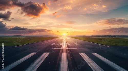 An airport runway lit by the evening sunset, ready for planes to land or take off.