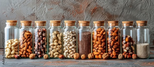 Assorted nuts in glass bottles on gray background
