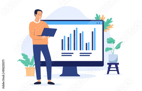 Man with computer and charts - Person standing with laptop working and looking at financial and business diagram and graph. Flat design vector illustration with white background