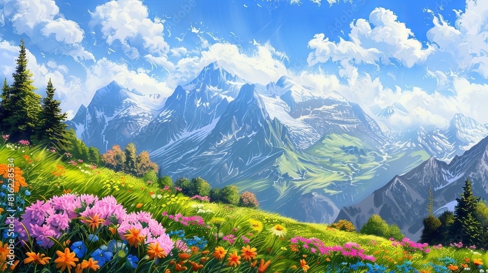A panoramic view of vibrant flowers blooming in the mountains.

