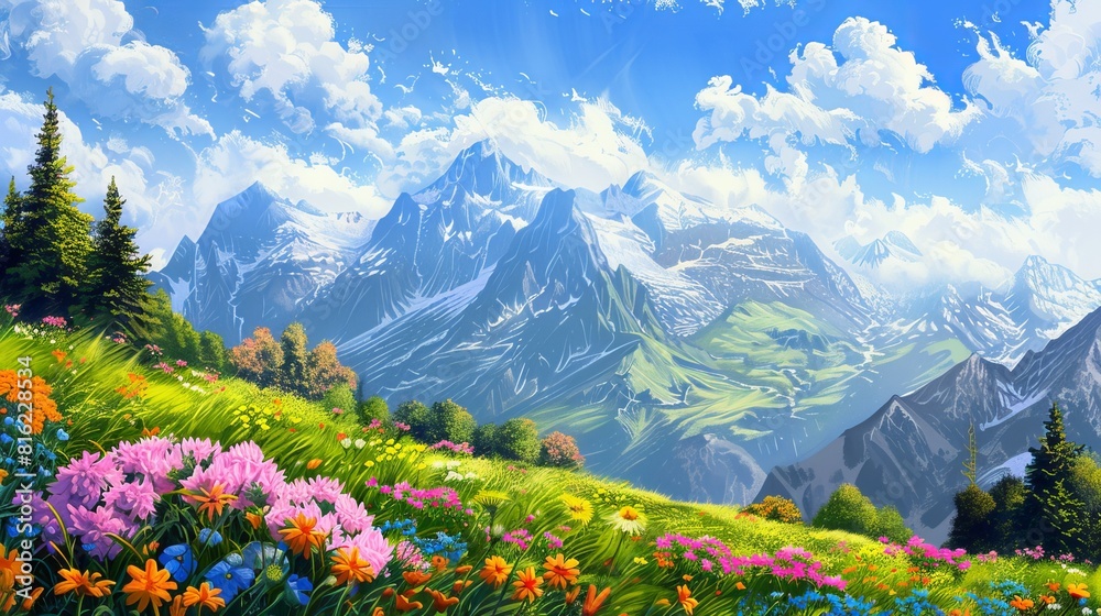 A panoramic view of vibrant flowers blooming in the mountains.
A panoramic view of vibrant flowers blooming in the mountains.