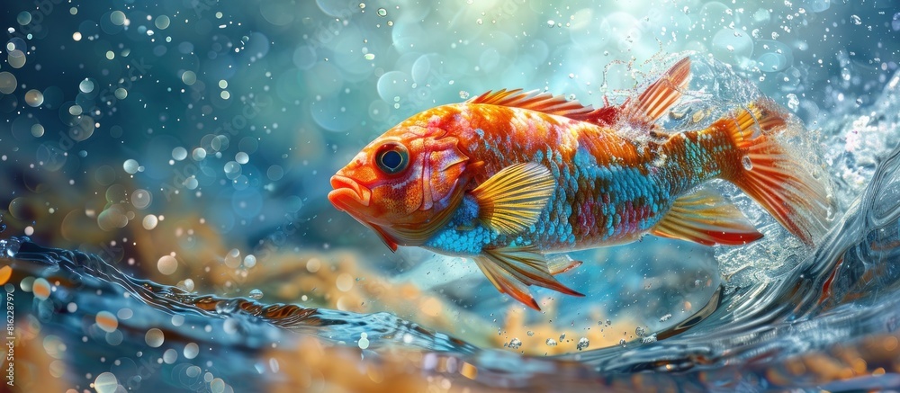 Colorful fish swimming in water with bubbles