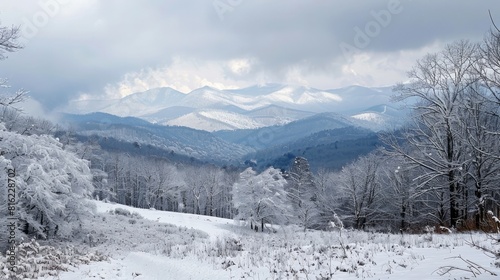 A picturesque view of the Blue Ridge Mountains covered in snow.   © Chingiz