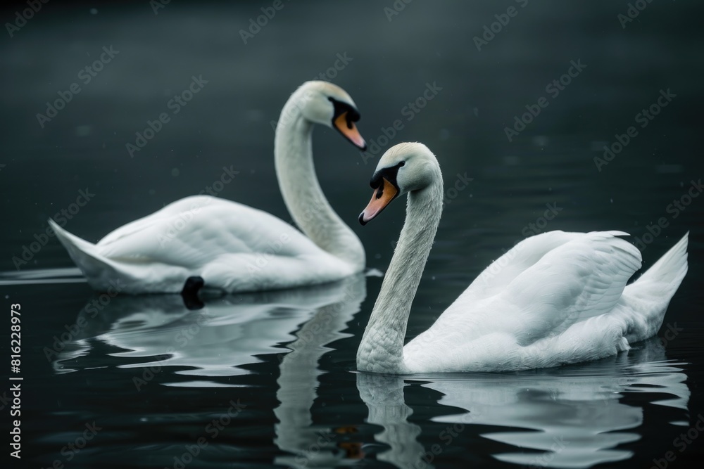 Two swans are swimming in a body of water Two swans are swimming in a body of water