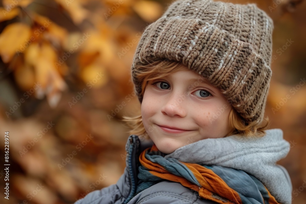 Portrait of a happy young boy wearing a knitted hat and scarf during the fall season Portrait of a happy young boy wearing a knitted hat and scarf during the fall season