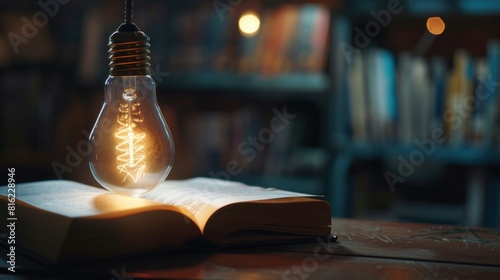 A glowing lightbulb beside a textbook, symbolizing the concept of learning and business success.

 photo