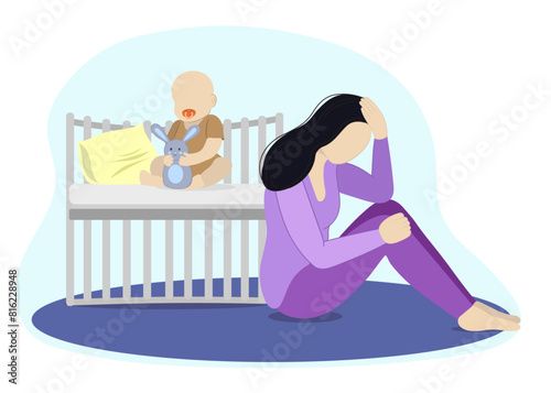 Postpartum depression vector illustration. Postpartium depression upset, sad mother crying at baby crib, depressed desperate mom tired woman after pregnancy, young parent flat vector illustration