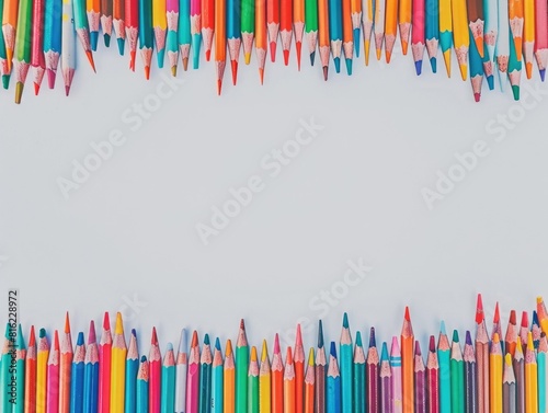 A row of colorful pencils are lined up next to each other