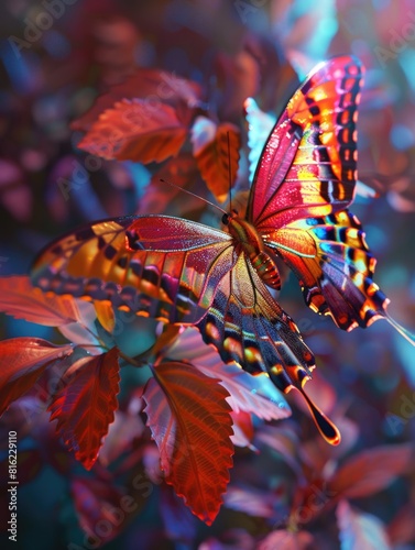 A colorful butterfly is perched on a leaf © Alexandr