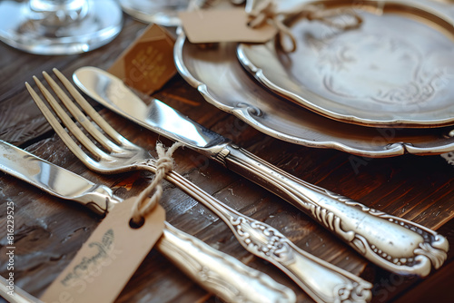 Vintage silverware and plates on wooden table