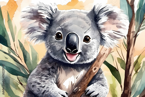 Whimsical cartoon Koala portrait: playful expression, big eyes, holding eucalyptus. Ideal for kids' books and Aussie promotions photo