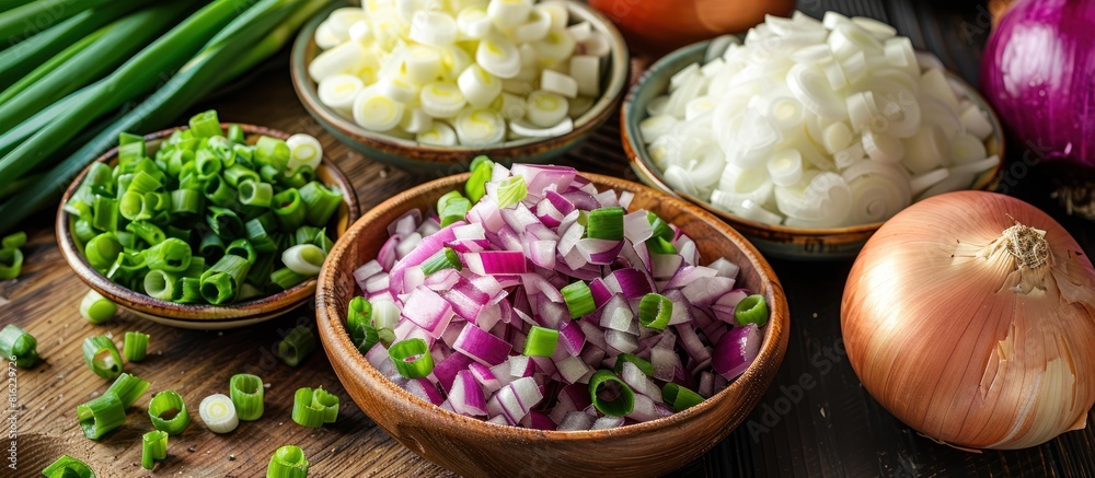 Various onions and onion bowls on wooden table Various onions and onion bowls on wooden table