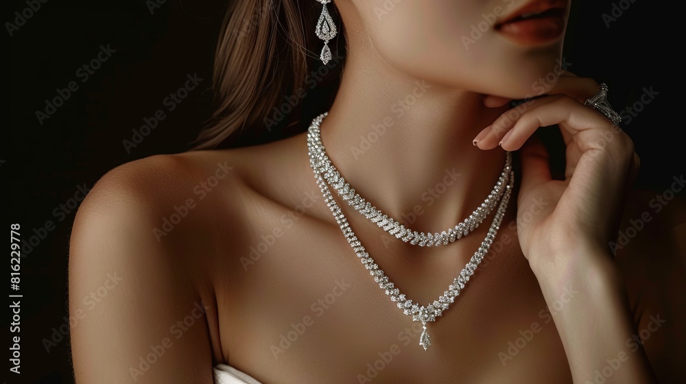 Craft a modern and minimalist design concept for a complete diamond jewelry set to be showcased on a model, characterized by clean lines, contemporary elegance, and diamond embellishments. The set sho