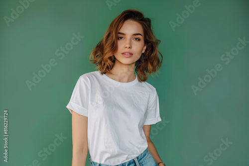 Young woman wearing white t-shirt mockup isolated on green background