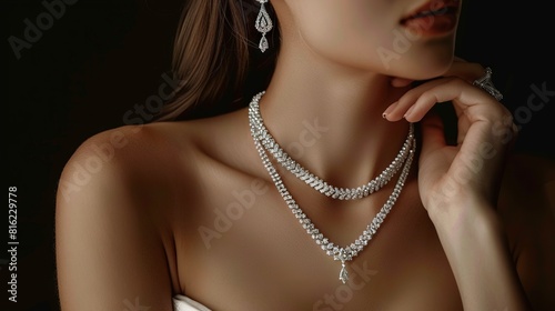 Craft a modern and minimalist design concept for a complete diamond jewelry set to be showcased on a model  characterized by clean lines  contemporary elegance  and diamond embellishments. The set sho