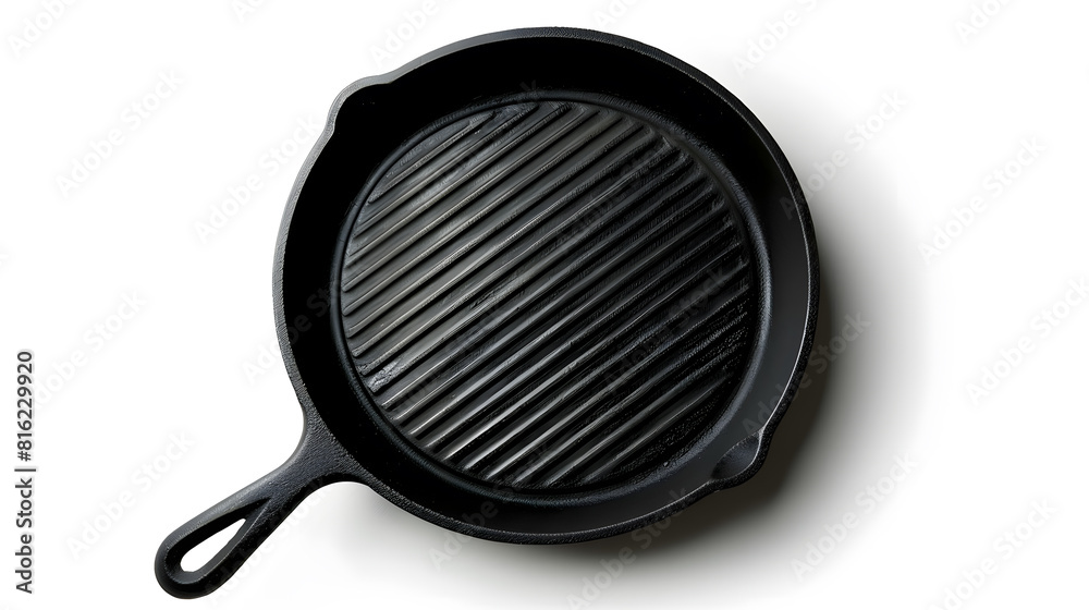Empty cast iron grill frying pan isolated on white background with clipping path Top view : Generative AI Empty cast iron grill frying pan isolated on white background with clipping path Top view : Generative AI