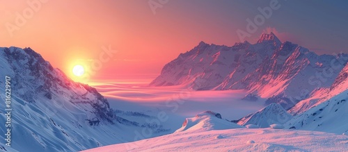 Majestic sunset over snowy mountain