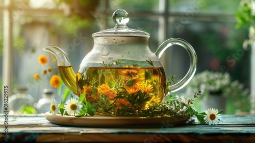  Glass kettle of herbal tea with thyme and linden blossom. photo