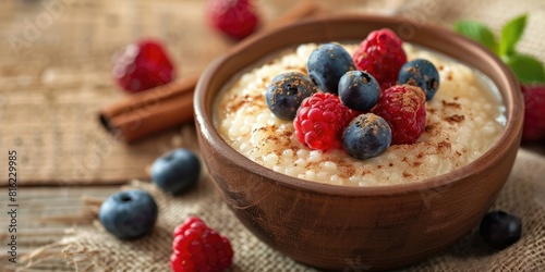 A delicious morning  steamy bowl of tapioca pudding  topped with a sprinkle of cinnamon and fresh berries