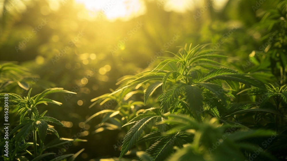 Cannabis plant growing in outdoor field in a large plantation farm with sunlight. Cannabis plant growing in outdoor field in a large plantation farm with sunlight.