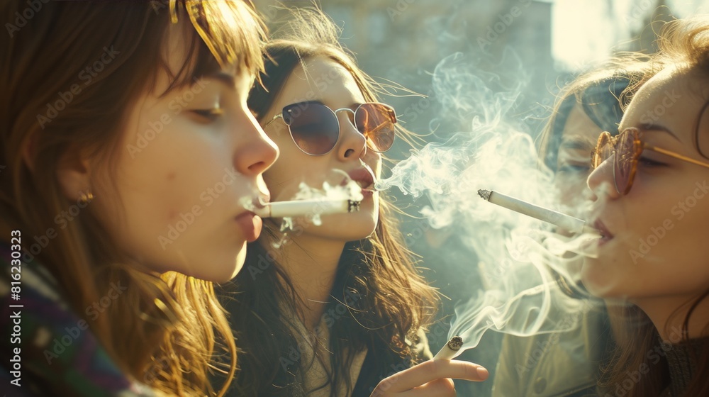 A group of young people smoke cannabis together with smoke