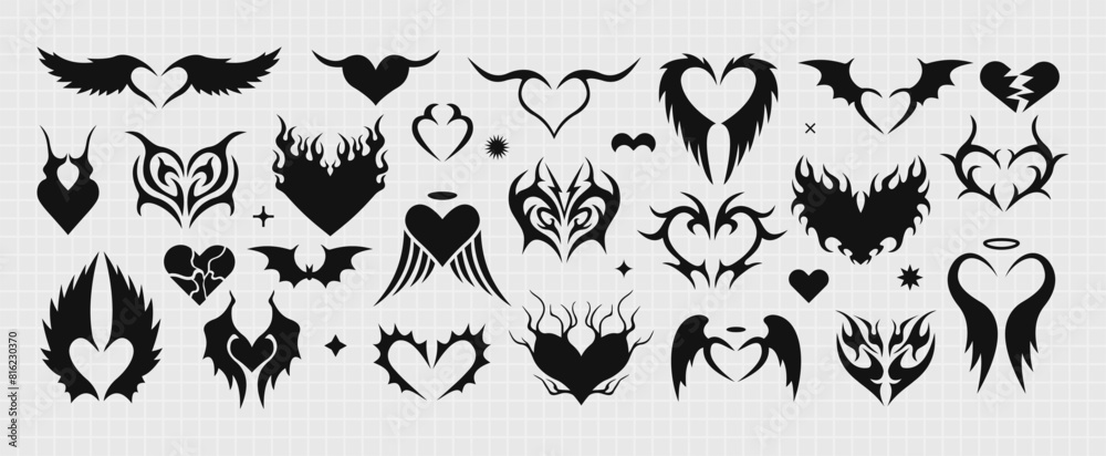 Tribal hears set. Vector illustration. Y2k design. Tribal hears set. Vector illustration. Y2k design.
