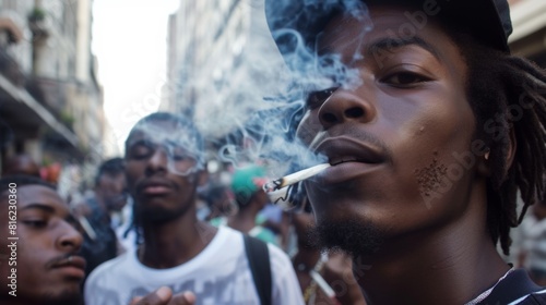 A group of young people smoke cannabis together with smoke © rabbit75_fot