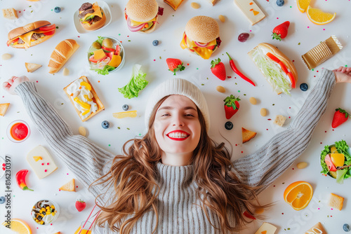 Fototapeta Naklejka Na Ścianę i Meble -  Woman Laying on Table Surrounded by Food