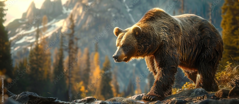 Majestic grizzly bear walking through mountain Majestic grizzly bear walking through mountain