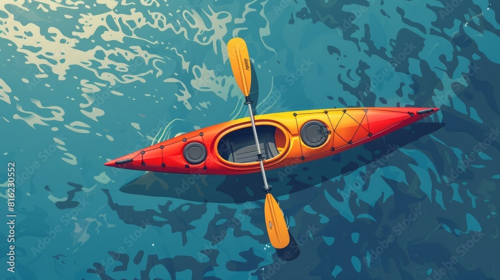 Top view of a kayak and paddle in the sea for a summer kayaking poster. Top view of a kayak and paddle in the sea for a summer kayaking poster.