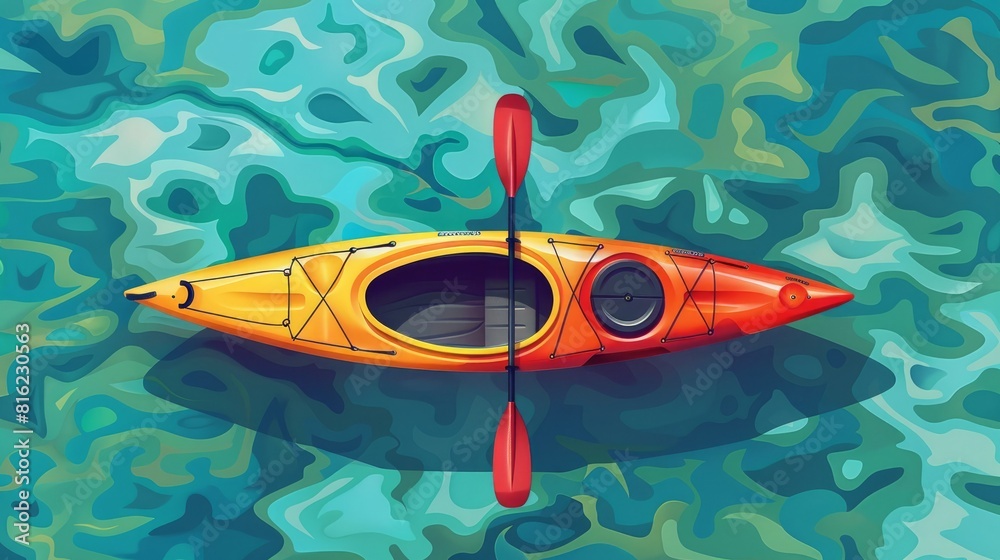 Top view of a kayak and paddle in the sea for a summer kayaking poster. Top view of a kayak and paddle in the sea for a summer kayaking poster.