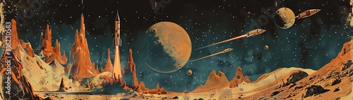 A vintagestyle poster of the asteroid belt, featuring classic rocket ships and adventurers exploring this rocky expanse photo