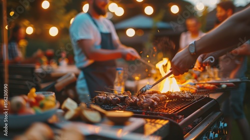 Lively summer barbecue scene with people grilling and dining outdoors. Community and leisure concept