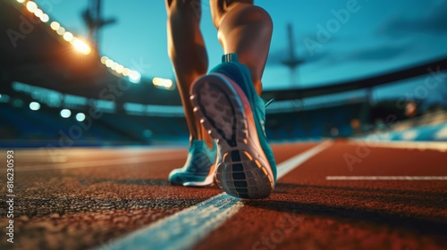 Runner on track at sunrise, dynamic motion close-up on blue shoes. Fitness and competition concept