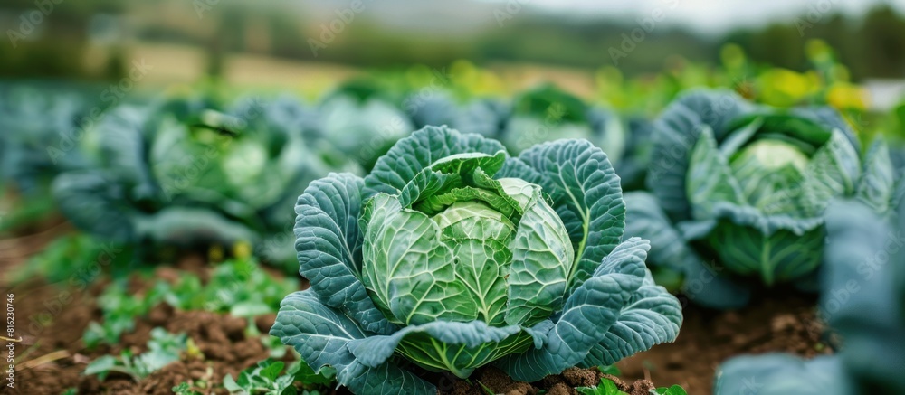 Lush cabbages thriving in field Lush cabbages thriving in field