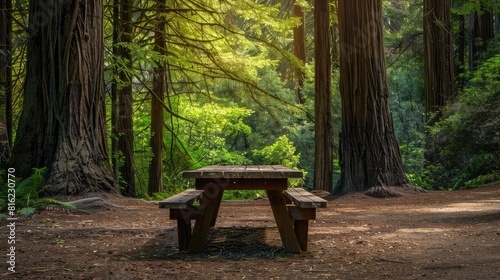 Imagine a picturesque scene with a sturdy wooden table set against the backdrop of a lush forest of towering trees photo