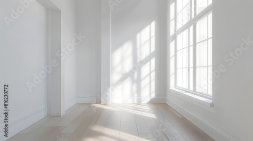 Empty room with white walls large window and wooden floor   Generative AI