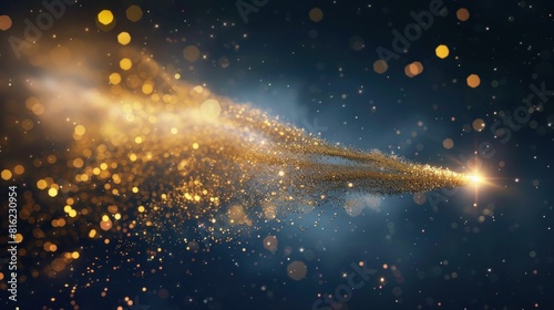A shooting star with a trail of golden dust particles